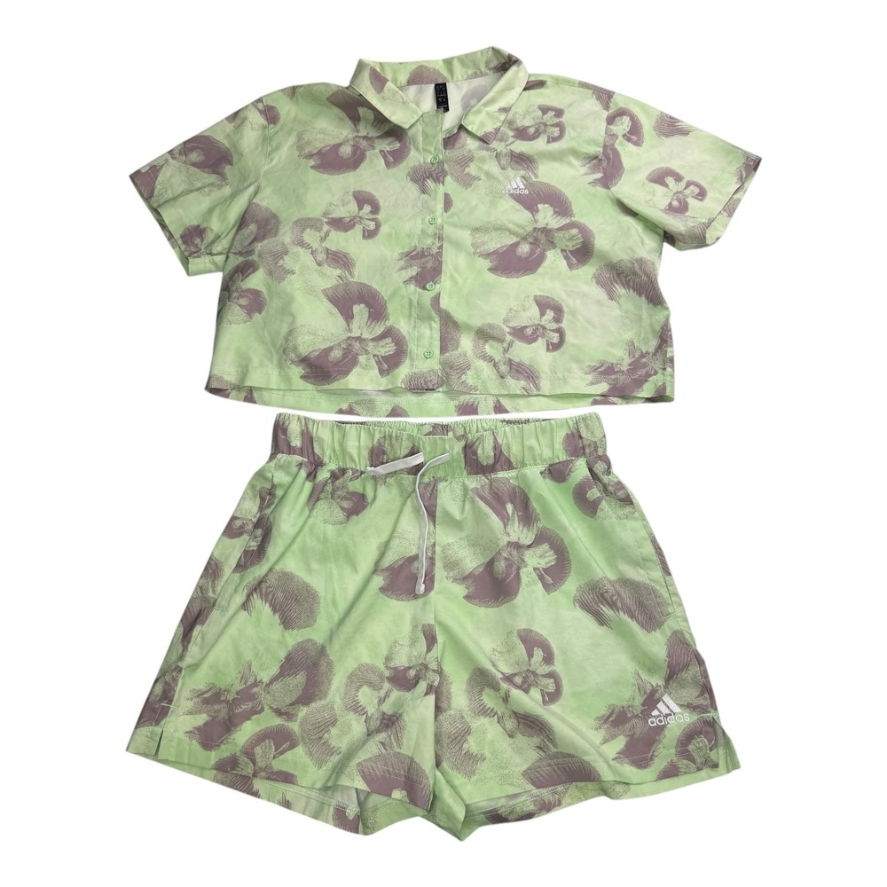 Adidas Women's Floral 2 Piece Set Crop Button Shirt L Shorts M Green Purple